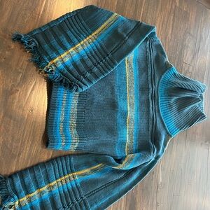 Free People Knit Flared Sleeve Sweater Turtleneck Blues And Yellows Size Medium